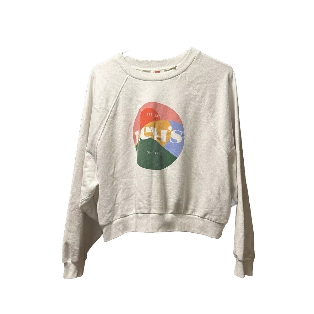 Levis Womens Off White Graphic Circle Logo Cropped Raglan Sweatshirt‎ Large L